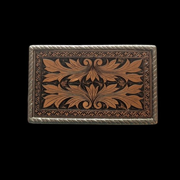 Vintage Worked‎ Copper Silver Metal Belt Buckle Engraved Western Boho Unisex